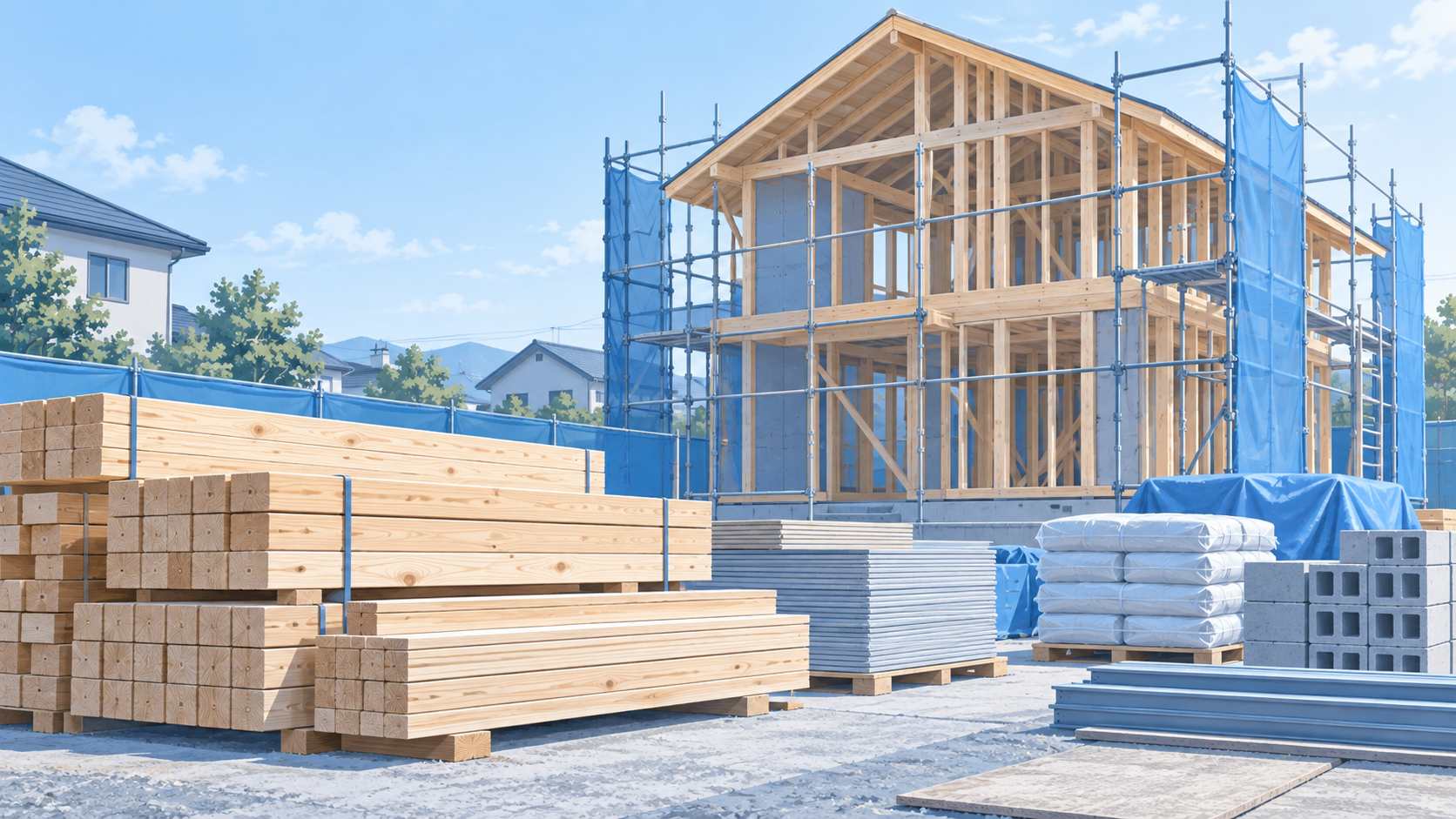 未完成の住宅と建築資材。入金より先に費用がかかるイメージ