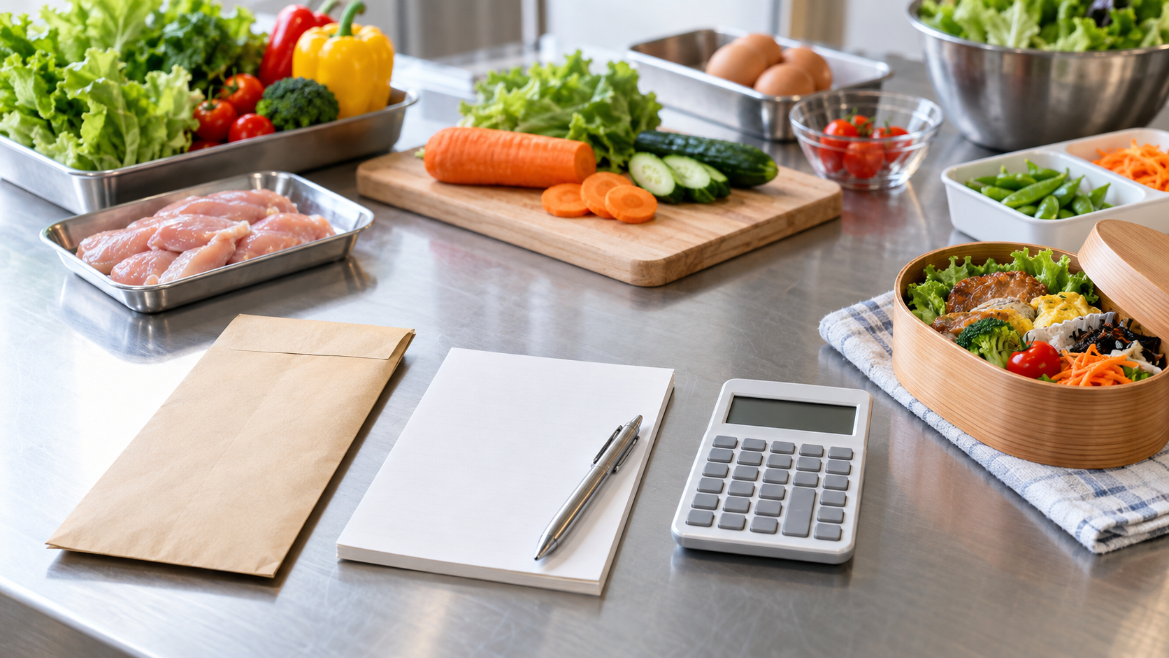 弁当の食材と資金確認のための作業台のイメージ