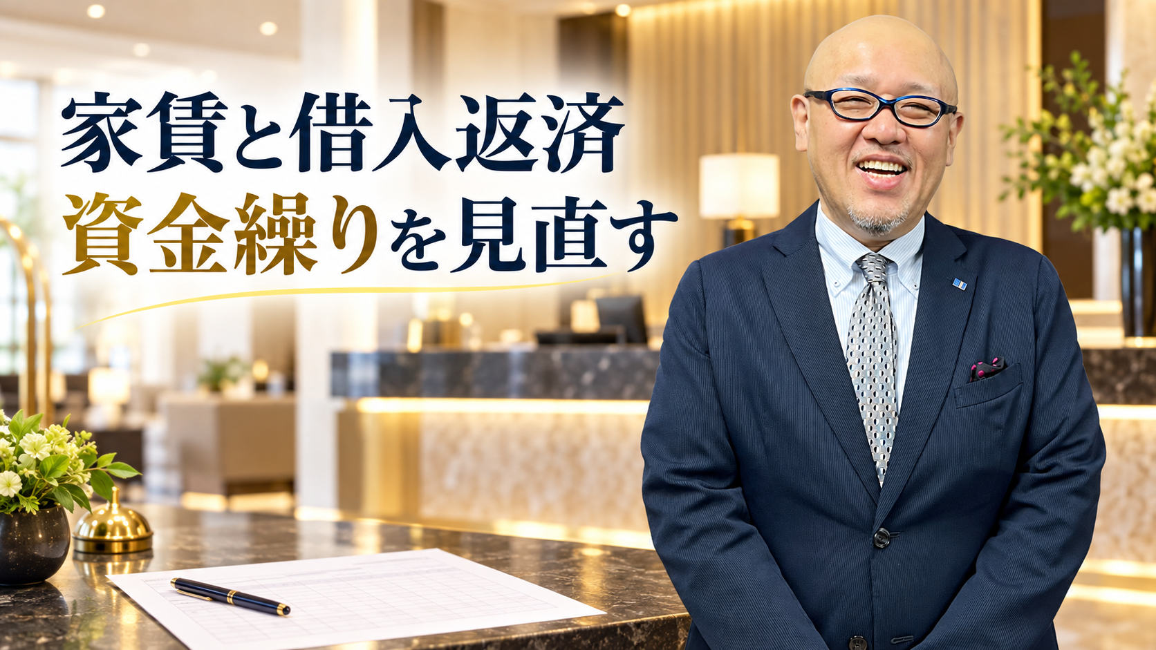 ホテルの受付を背景に、家賃と借入返済の資金繰り見直しを伝えるたちばなはじめ