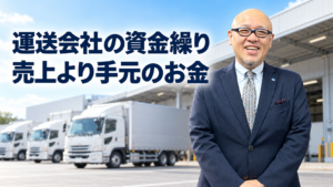 運送会社の資金繰りと手元のお金を考えるたちばなはじめ。背景に匿名のトラック