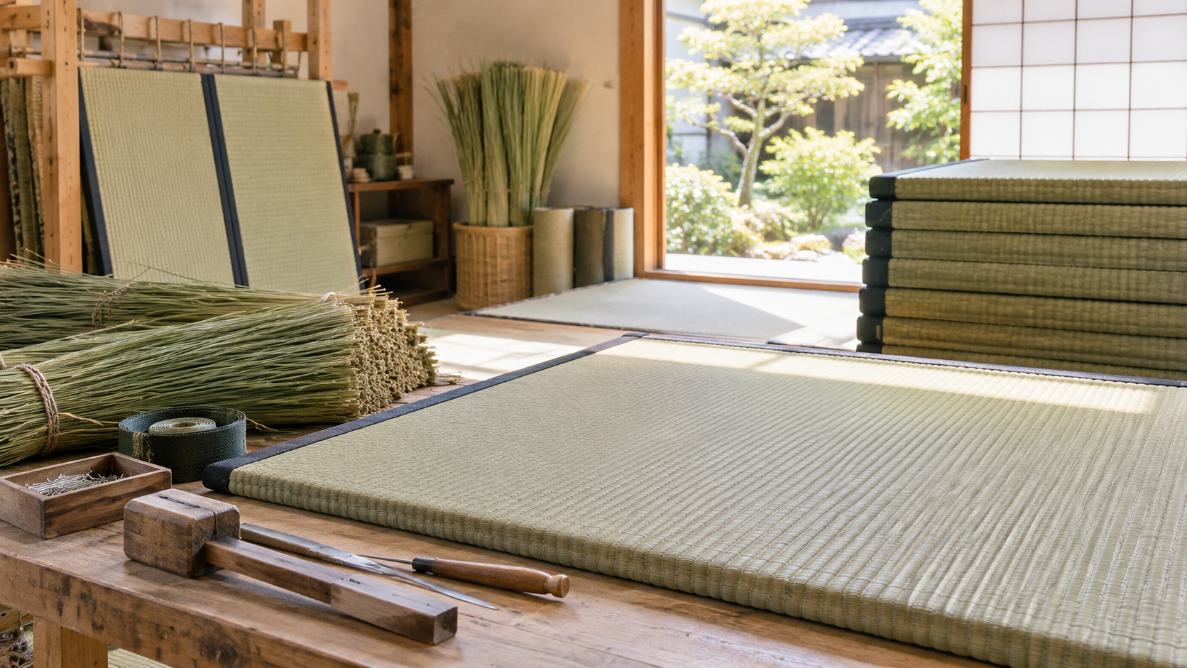 畳とい草が並ぶ畳作業場