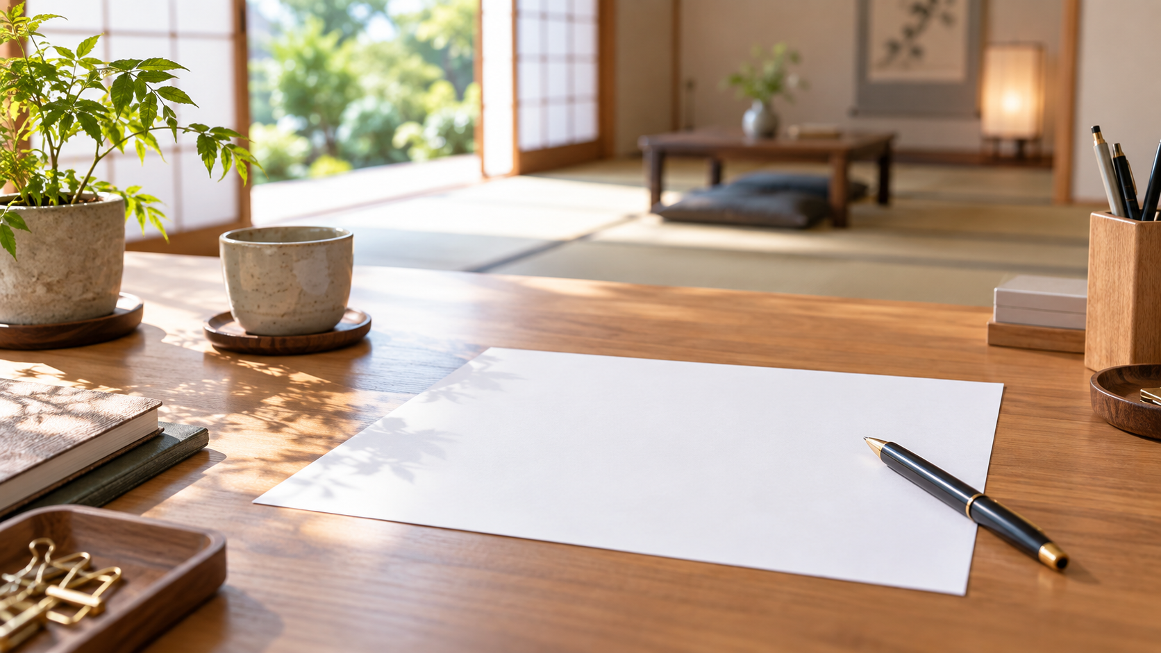 白紙の計画書とペンが置かれた机