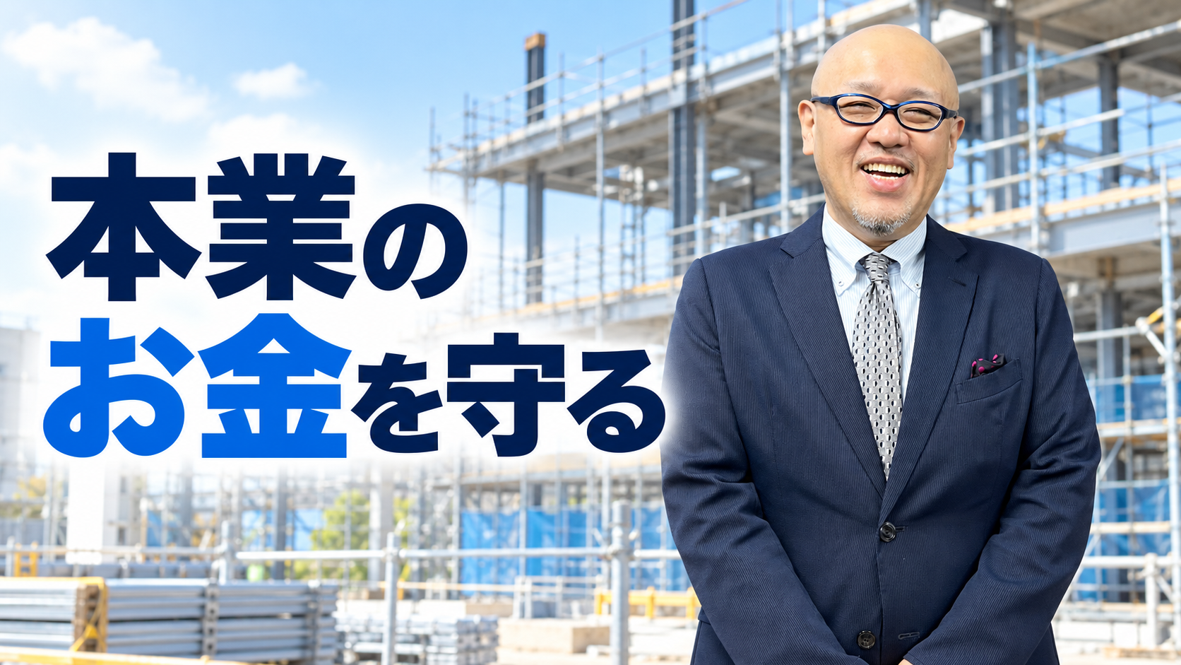 建設現場を背景に立つたちばなはじめ