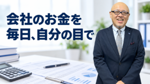 帳簿と計算機を背景に立つたちばなはじめ