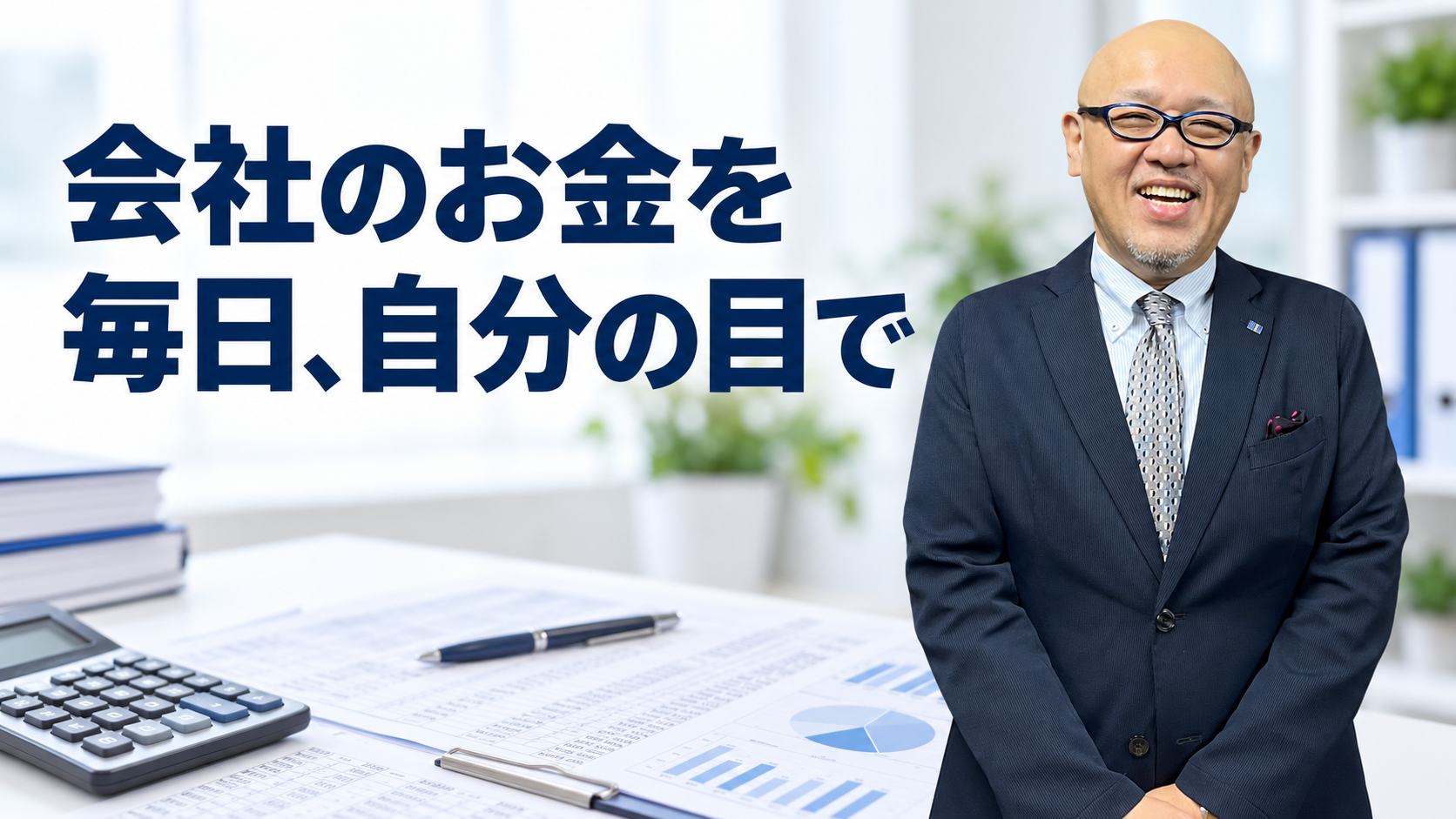 帳簿と計算機を背景に立つたちばなはじめ