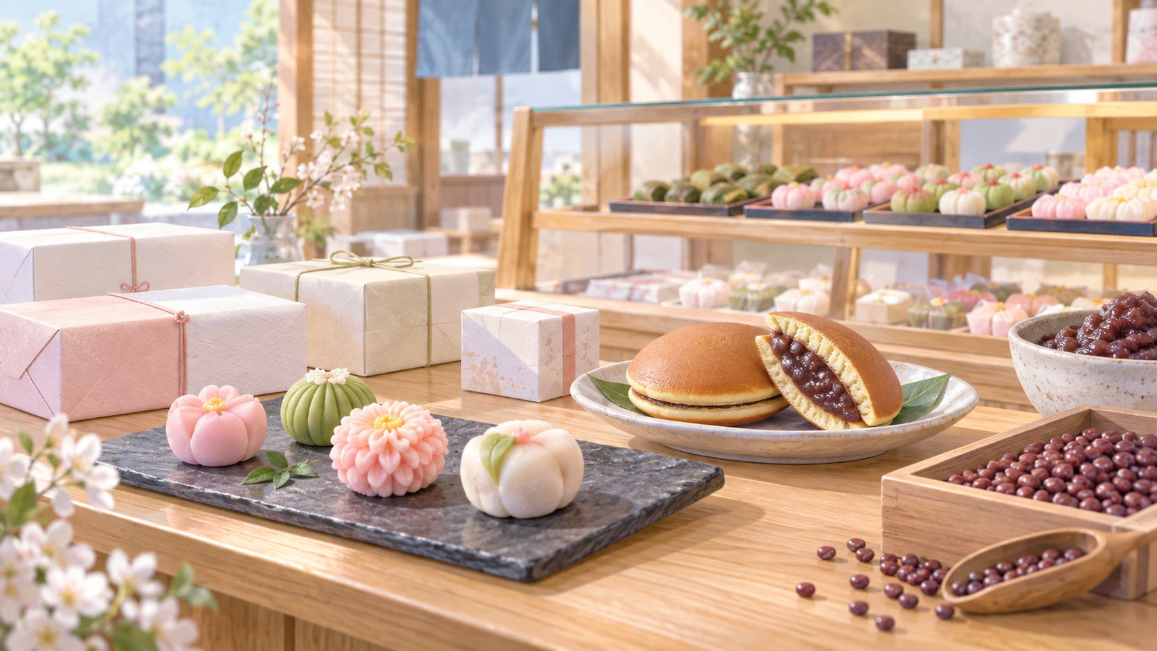 和菓子と原材料、包装箱を描いた和菓子店のイメージ