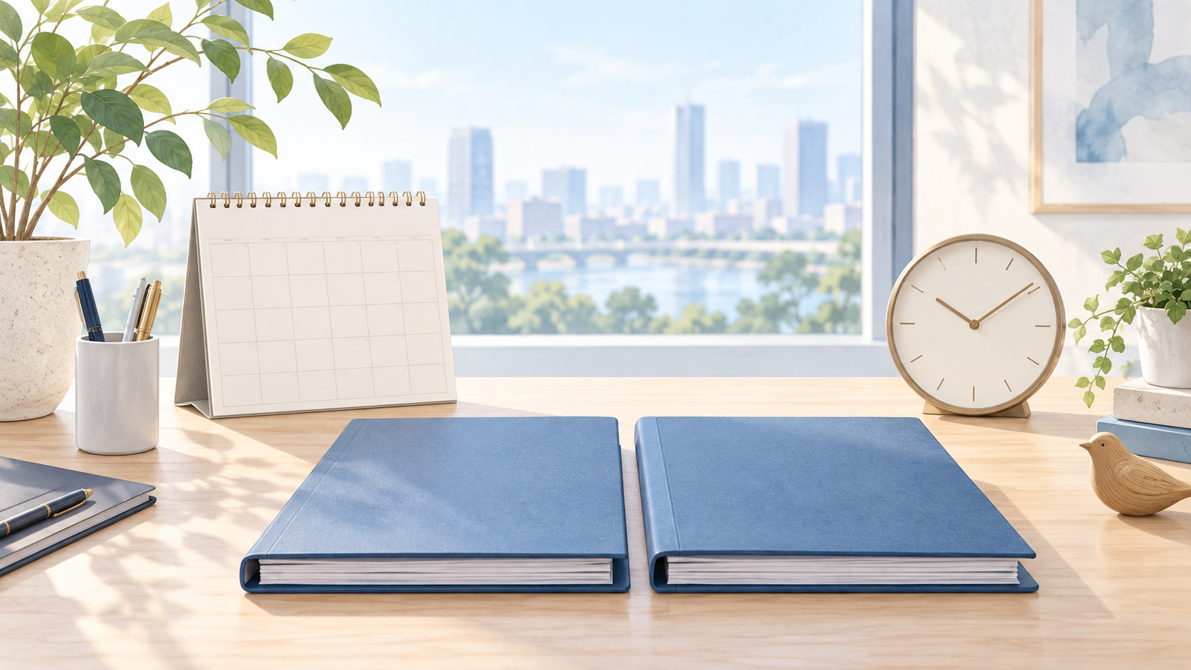 カレンダーと時計、青い二冊の書類ファイルを置いた明るい机