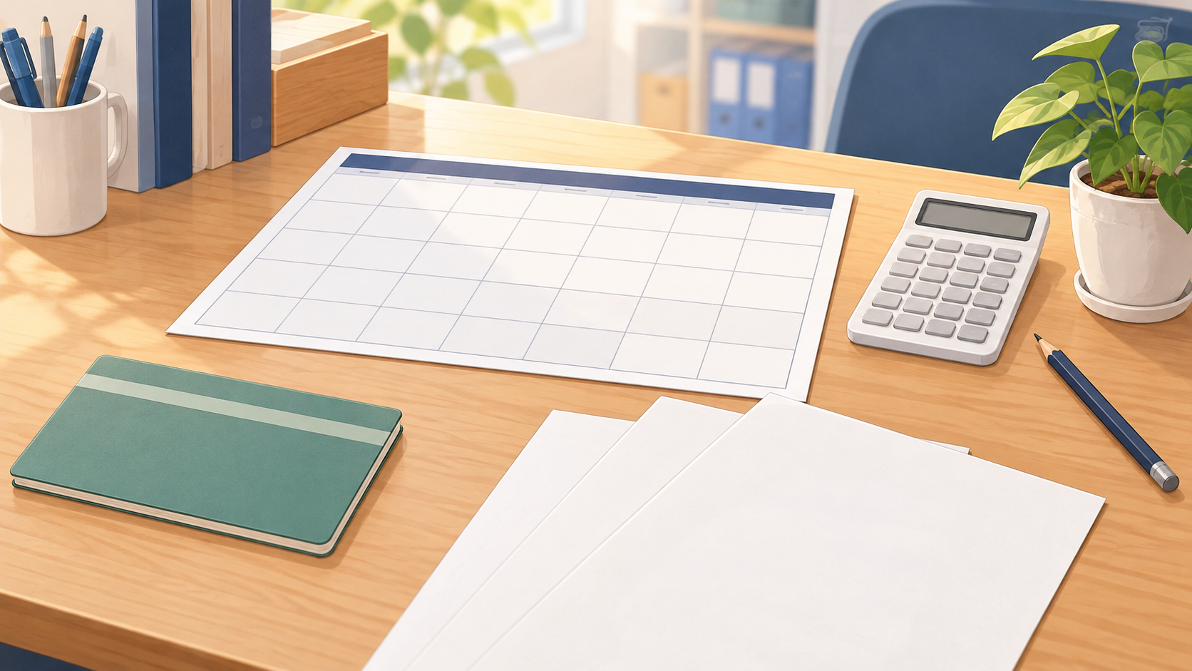 月ごとの予定表と資料で会社の今後を考えるイメージ