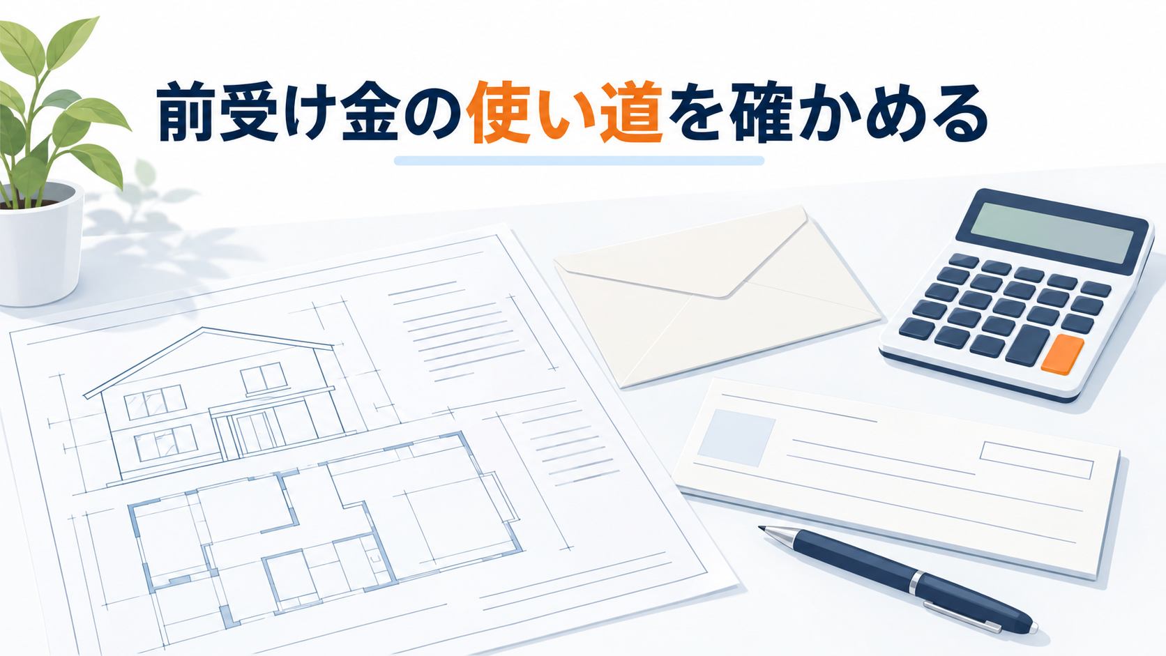 住宅の図面と支払いメモで前受け金の使い道を確かめるイメージ