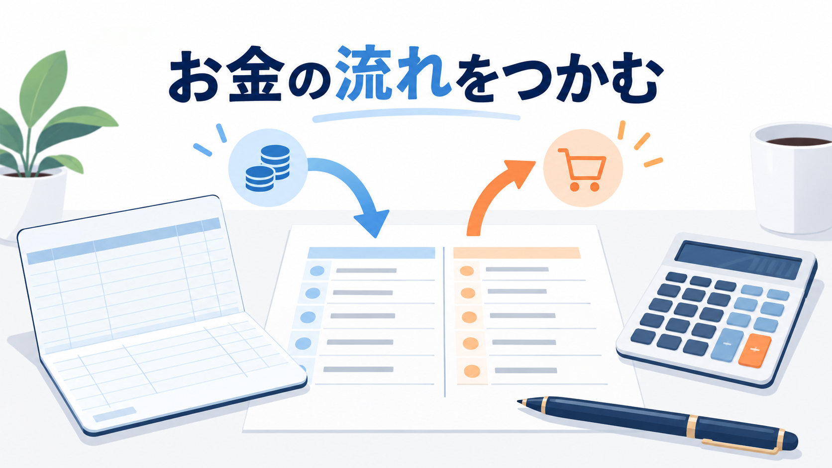 通帳と入出金予定表で会社のお金の流れを確かめるイメージ