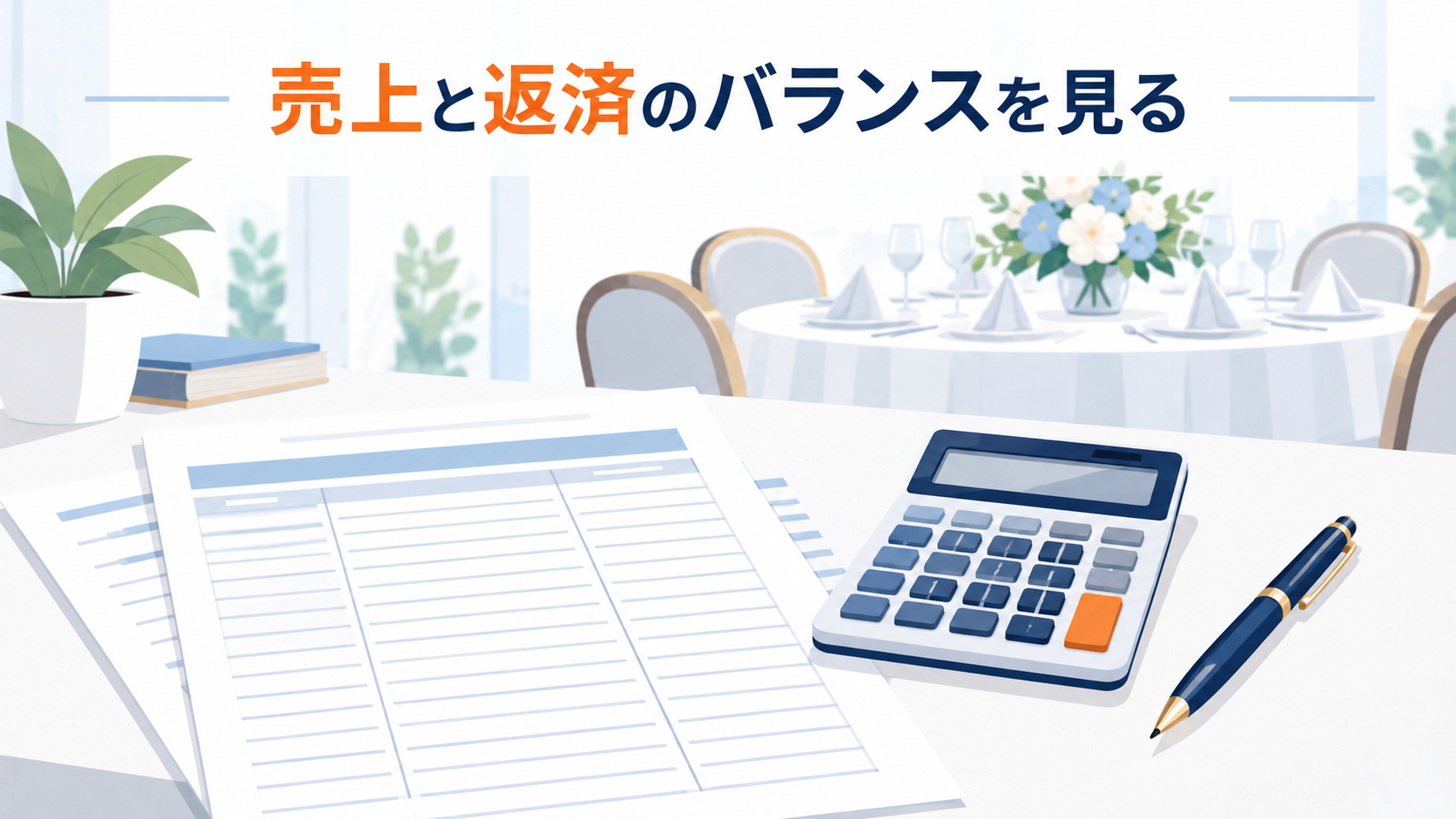 宴会会場と入出金予定表で売上と返済のバランスを考えるイメージ