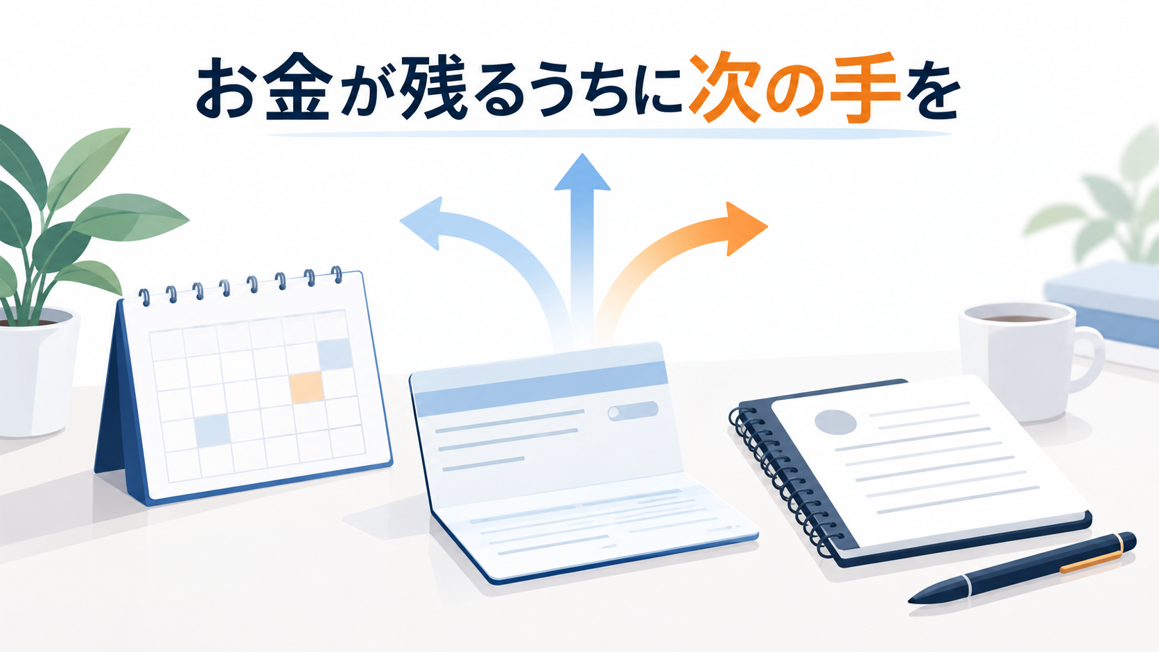 予約カレンダーと通帳を見て資金が残るうちに次の手を考えるイメージ