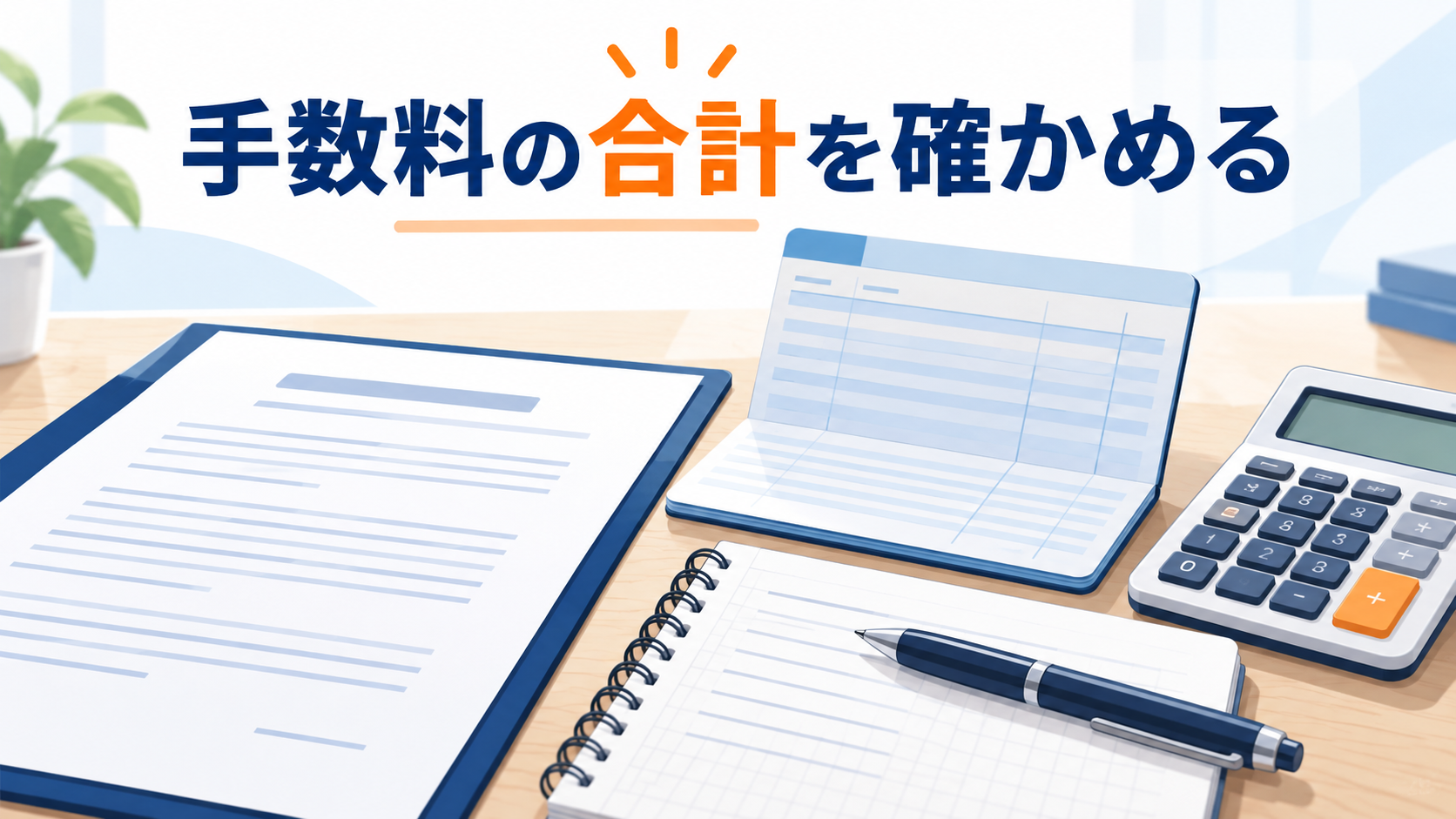契約書と通帳でファクタリング手数料の合計と支払い先を確かめるイメージ