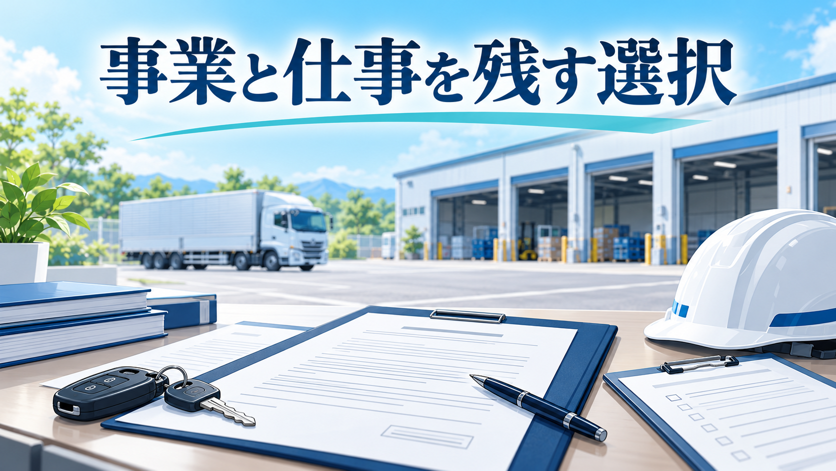 運送事業と仕事を残す選択を考えるための譲渡書類、車の鍵、現場の道具