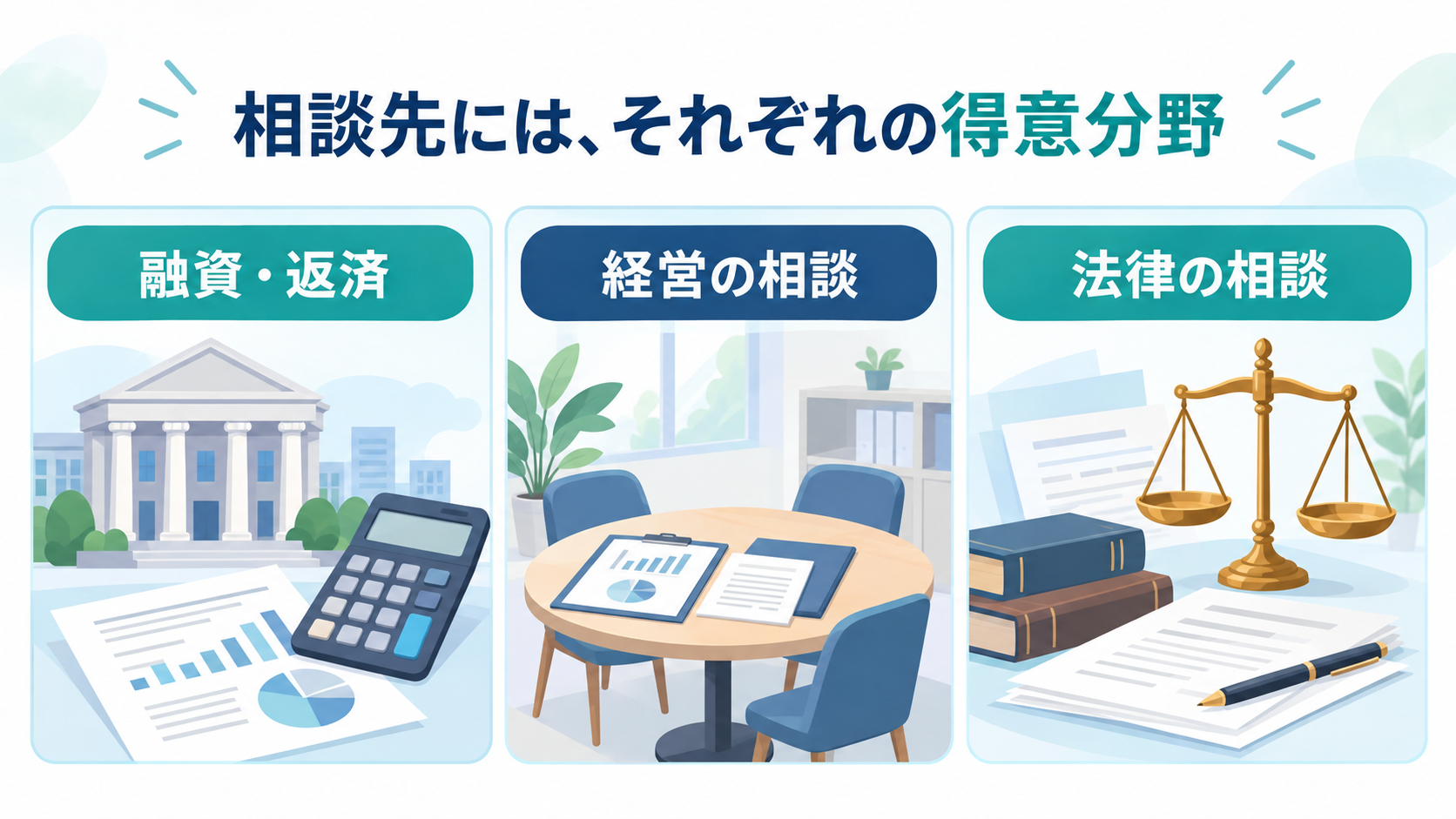 融資と返済、経営、法律の相談を表す三つのイラスト