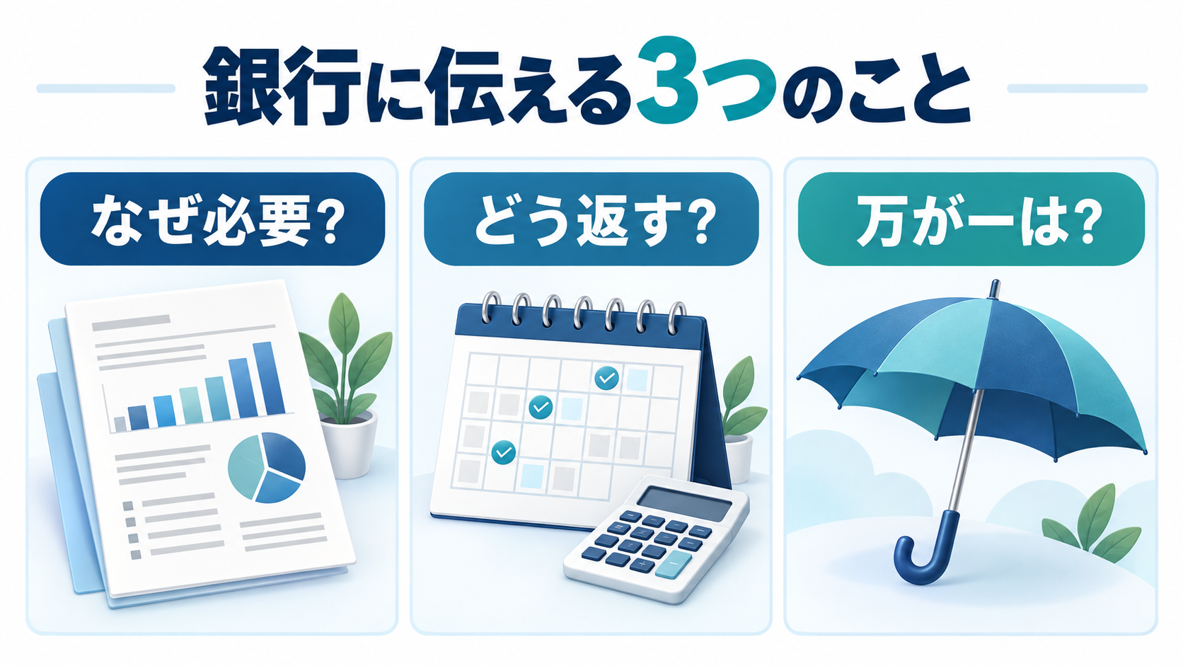 銀行に伝える資金使途、返済方法、万が一への備えの三つのポイント