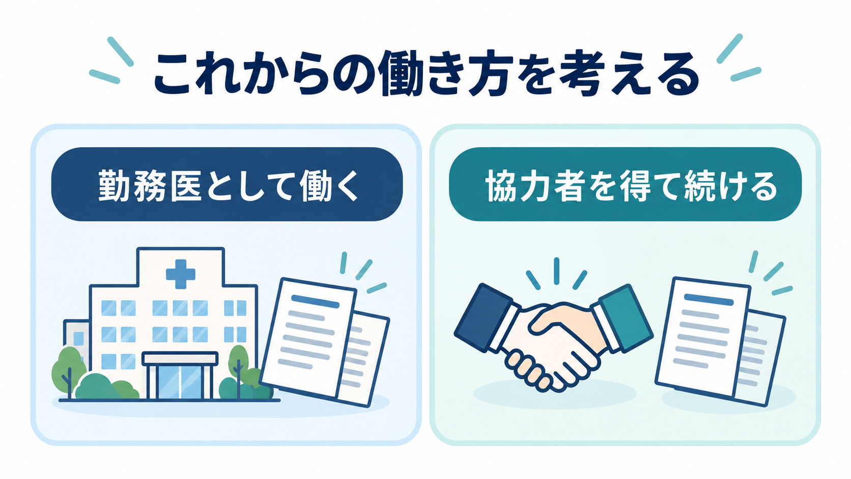 勤務医として働く方法と協力者を得て診療を続ける方法という二つの選択肢